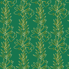 Seamless Minimalistic Floral pattern with golden line on trendy green background.Vector,festive,repeating hand drawn print.Designs for textile, fabric, wrapping paper, packaging, scrapbook paper.