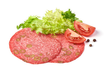 Salami slices with olives, isolated on white background.