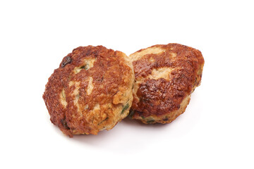 Roasted meatballs with spices, isolated on white background.