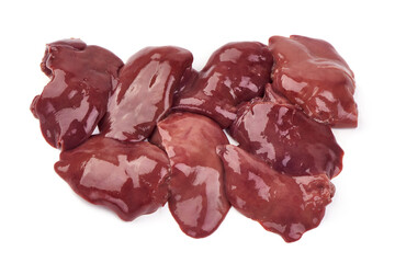 Fresh chicken livers, raw offal, ingredients for cooking, close-up, isolated on white background.