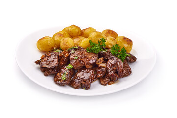 Fried Chicken Livers with baked potatoes, Traditional French cuisine, close-up, isolated on white background.