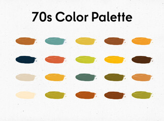 Retro1970s - inspired vintage color palettes, collection of 20 swatches. 70s vibes - trendy color,  decade of freedom and eclecticism.