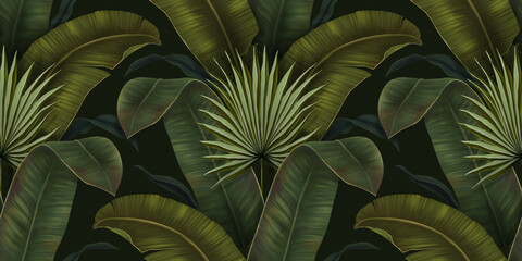 Exotic tropical pattren. Tropical palm leaves dark background. Hand drawing 3d illustration. Dark tropical leaves wallpaper. Great for fabric, wallpaper, paper design