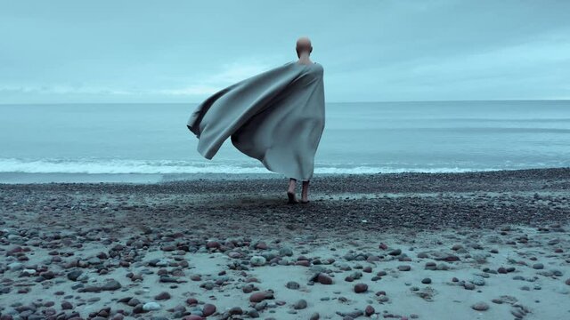 Woman standing by the sea in dress waving in wind. Female on beach