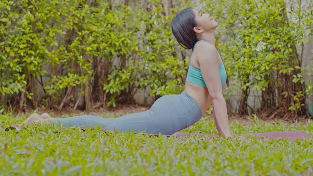 Beautiful Attractive Asian woman sitting on yoga mat practice Cobra Pose with yoga meditation relax and refresh health on green grass feeling happiness and comfortable in garden,Yoga Healthy Concept