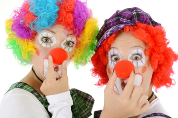 Funny clowns with red nose, costume and wig