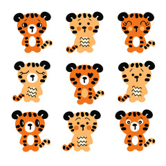 Hand drawn tiger cubs collection. Set of nine cute tigris baby. Perfect for poster, greeting card, stickers and prints. Cartoon style vector illustration for decor and design.
