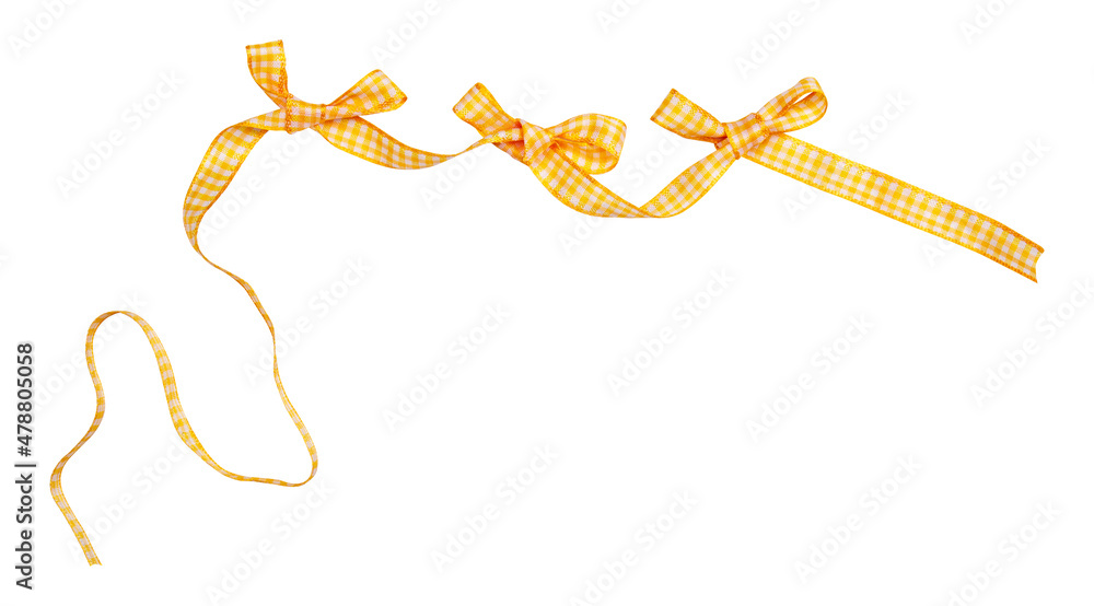 Wall mural yellow check ribbon curl isolated on white background. yellow plaid ribbon bow and curl isolated on 