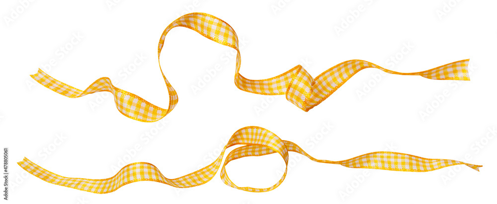 Wall mural yellow check ribbon curl isolated on white background. yellow plaid ribbon bow and curl isolated on 