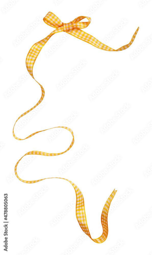 Wall mural yellow check ribbon curl isolated on white background. yellow plaid ribbon bow and curl isolated on 