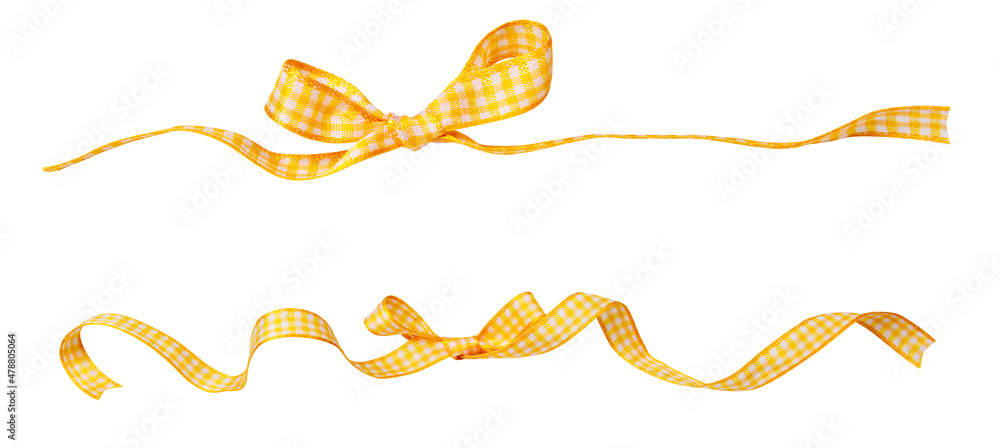Wall mural yellow check ribbon curl isolated on white background. yellow plaid ribbon bow and curl isolated on 