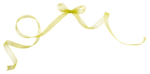 Yellow ribbon curl from mesh material isolated on white background. Yellow ribbon bow and curl isolated on white background