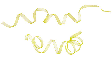 Yellow ribbon curl from mesh material isolated on white background. Yellow ribbon bow and curl isolated on white background