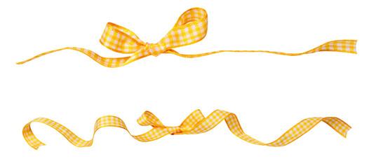Yellow check ribbon curl isolated on white background. Yellow plaid ribbon bow and curl isolated on white background