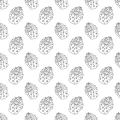 Black outline cupcake seamless pattern in doodle style. Vector stock illustration. Hand drawing food line art image.