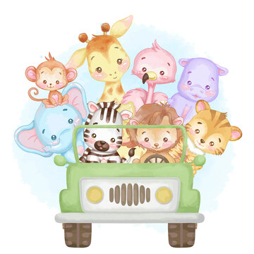 Cute African baby animals in a green car. Watercolor, vector illustration. 