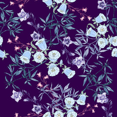 Seamless pattern with watercolor bouquet meadow bell flowers  on dark background.