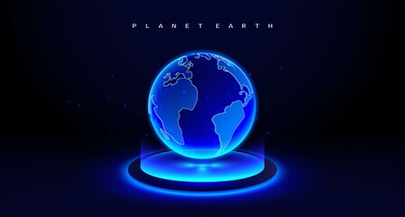 Blue digital Earth globe hologram on futuristic stand. Science and technology abstract background. Vector illustration.