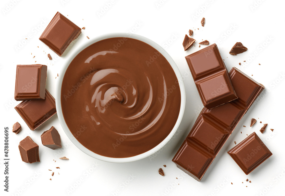 Wall mural Bowl of melted milk chocolate and pieces of chocolate bar isolated on white background