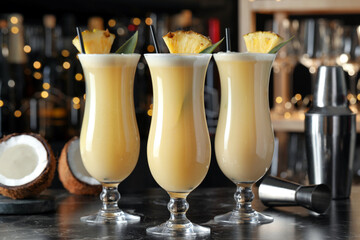 Tasty Pina Colada cocktails on black marble bar countertop