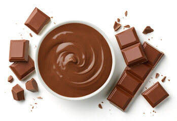 Bowl of melted milk chocolate and pieces of chocolate bar isolated on white background
