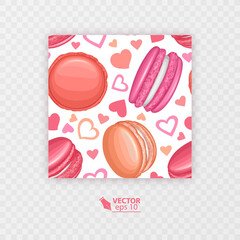 Seamless pattern. Macaroons cookies, and pink hearts on white Background, Vector format