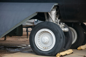 Obraz na płótnie Canvas Landing Gear Wheels From a B-52 Strato Fortress Jet Bomber Showing the Wheels and Tires