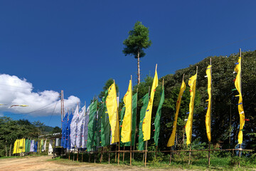 Beautiful way to Okhrey Monastery at Okhrey village, colourful Buddist prayer religious flags...