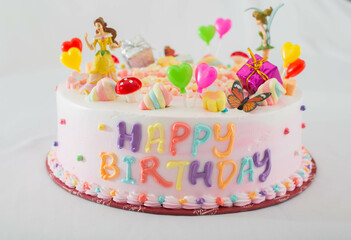 Happy birthday cake isolated on white plain background. Multicolored decoration of a cake with the text appearing happy birthday.