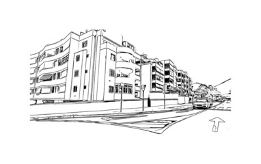 Building view with landmark of Los Cristianos is the 
town in Spain. Hand drawn sketch illustration in vector.