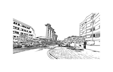 Building view with landmark of Los Cristianos is the 
town in Spain. Hand drawn sketch illustration in vector.