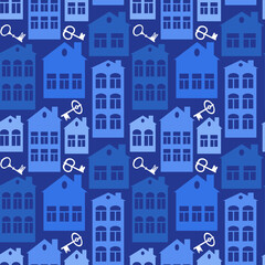 Seamless pattern on a square background on the theme of real estate (rent or sale) - houses and keys. Design element of books, notebooks, postcards, interior items. Wallpapers, textiles, packaging