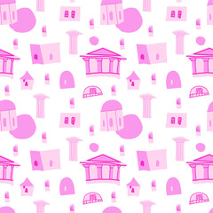 Seamless Vector pattern with ancient architecture for valentine's day.In love,festive,pink,repeating hand painted print. Designs for textile, fabric, wrapping paper, packaging, scrapbook paper