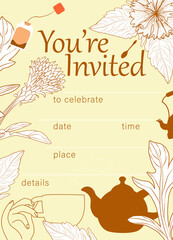 Tea party invitation template. Cornflowers, hand with a mug, teapot, tea bag