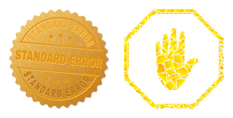 Golden composition of yellow spots for octagon danger hand icon, and gold metallic Standard Error stamp. Octagon danger hand icon composition is made with randomized gold spots.