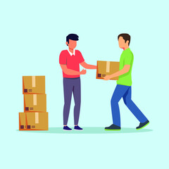 Two men are working to bring and tidy up the some box. Team work. Hard worker. Vector colorful illustration.