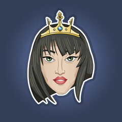 Portrait of a stylish young woman. Vector illustration. With fashionable hairstyle, makeup and accessories. The Modern Queen in the crown. Sticker. The brunette.