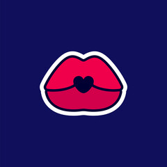Sexy lips, female beautiful mouth with heart, sticker in the cartoon style