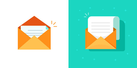 Email open icon with new mail letter received vector or paper envelope message inbox with correspondence text document flat cartoon illustration