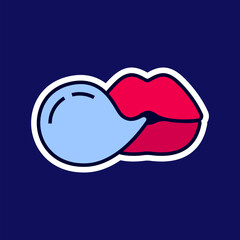Female pout beautiful lips blowing gum bubble, sticker in the cartoon style