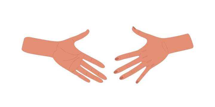Hands going to start handshake. Two hands extended towards each other. Human greeting. Colored flat cartoon vector illustration isolated on white background..
