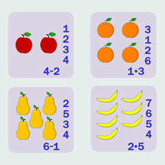 worksheet vector design, task to calculate the answer and connect to the correct number. Logic game for children.