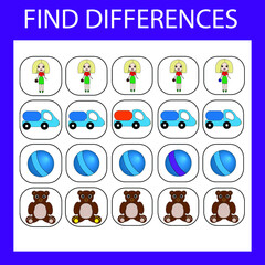 Fototapeta premium Developing activity for children - find the difference. Logic game for children. Find an extra colorful toys