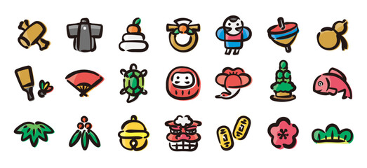 Japanese new year icon set for graphic (Hand-drawn line, colored version)