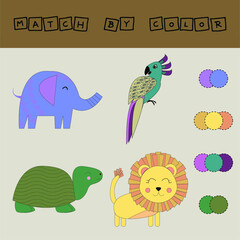 worksheet vector design, challenge to connect the  turtle, lion, parrot, elephant with its color. Logic game for children.