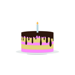 Strawberry Birthday Cake with chocolate cream and pink color, birthday candles. Birthday cake icon illustration vector isolated
