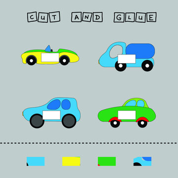 worksheet vector design, the task is to cut and glue a piece on colorful  cars.  Logic game for children.
