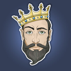 Portrait of stylish hipster men. Vector illustration. With fashionable hairstyles, beards, moustaches and crown. The Modern King. Sticker.