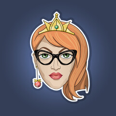 Portrait of a stylish young woman. Vector illustration. With fashionable hairstyle, makeup and accessories. The Modern Queen in the crown. Sticker. The brunette.