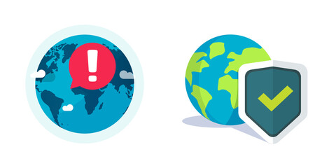 Earth globe shield protection as world planet safe vector icon or global conflict hazard attack and environment danger caution or warning help alert flat cartoon illustration, concept of anti-virus